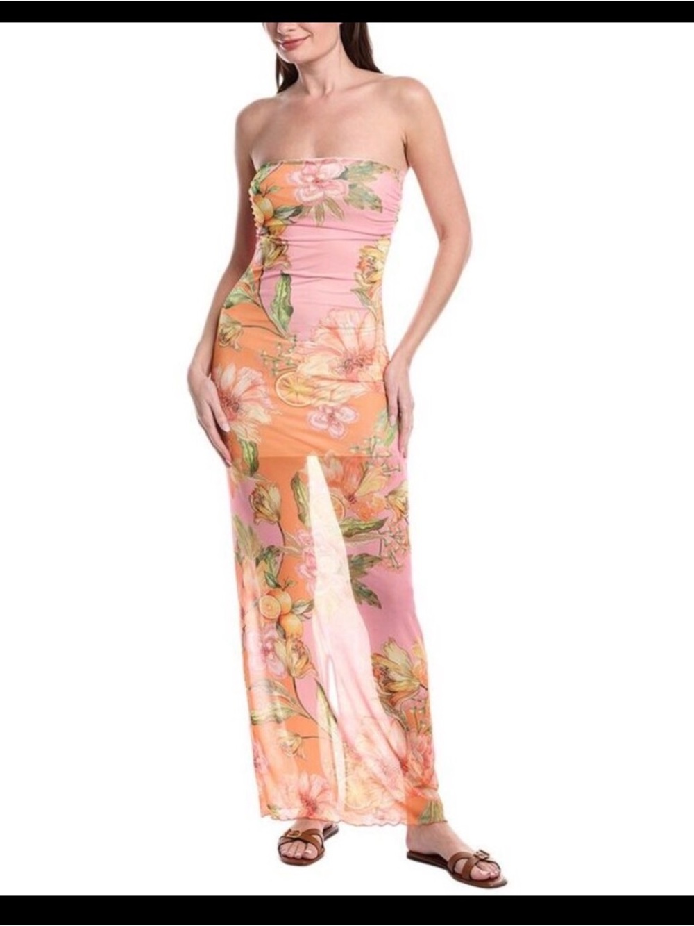 PQ Swim Pink and Orange Floral Strapless Swim Coverup Maxi